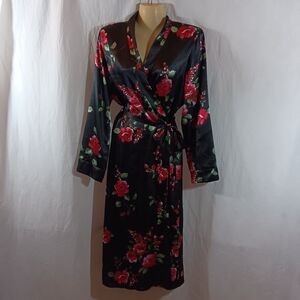 Apt 9 Womens Robe Satin Black Red Floral Wrap Midi